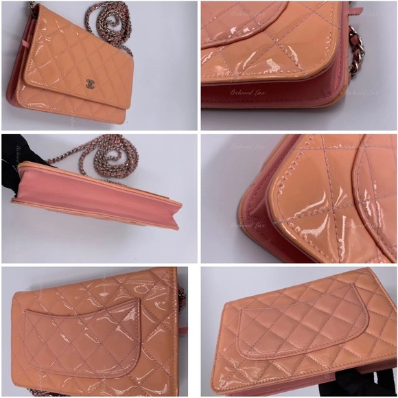 Authentic CHANEL Patent Leather Wallet-on-the-chain WOC Flap Bag Peach / pink - Picture 8 of 12